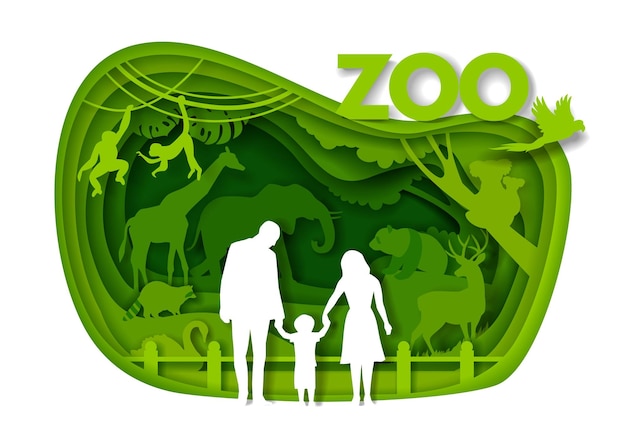 Happy family visiting zoo park vector paper cut illustration zoo animals