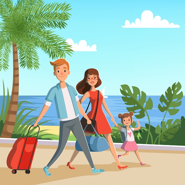 Vector happy family walking on the beach.