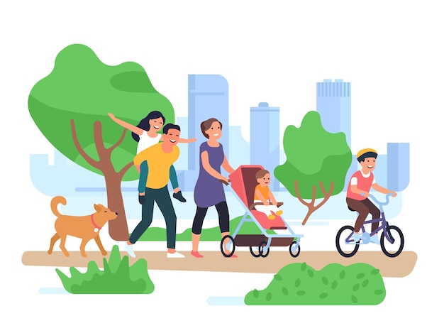 Happy family walking. Couple with children stroll park, son on bicycle, toddler in stroller, fun daughter on father back vector concept