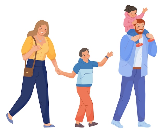 Vector happy family walking father carrying daughter smiling mother and son