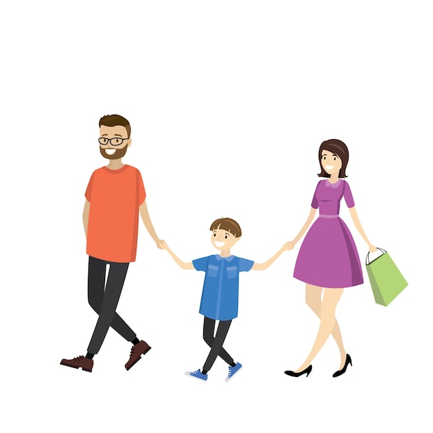 Happy family walking father mother son isolated on white background cartoon vector illustration