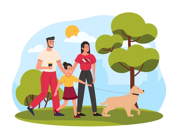 Vector happy family walking man woman girl and dog in city or town park weekends and rest mother and father