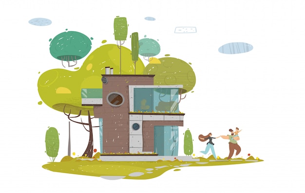 happy family walking outdoors in home yard or park