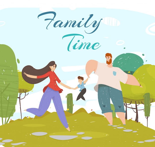 Vector happy family walking outdoors. spare time, leisure