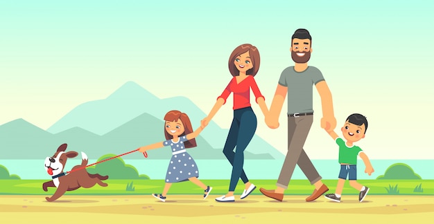 Vector happy family walks on the road along the sea. father, mother, son and daughter together outdoors.