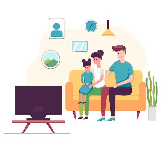 Vector happy family watching television sitting on the couch at home