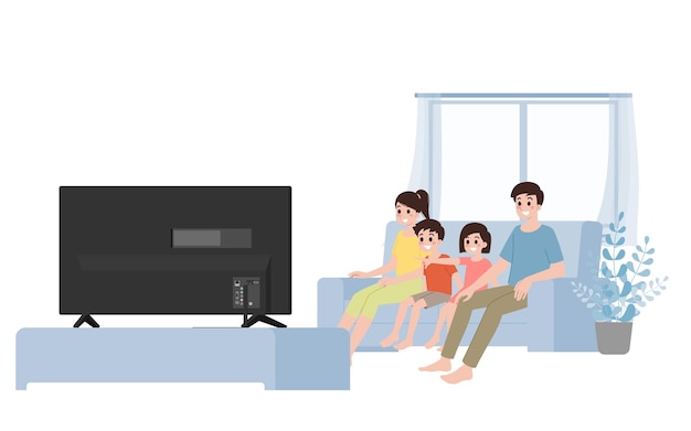 Vector happy family watching tv together isolated on white background. parents mother and father watch television with son and daughter children sitting on a sofa with cozy relaxing.