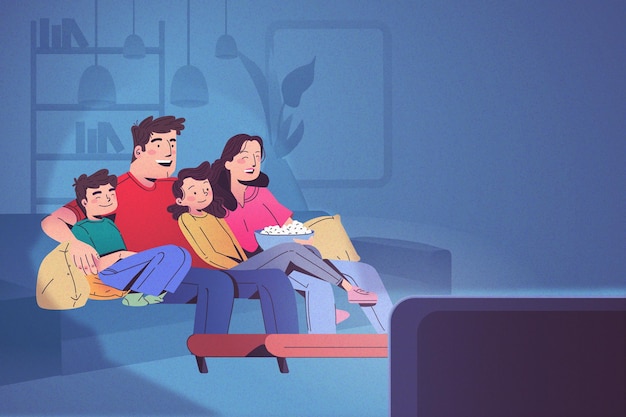 Happy family watching tv together