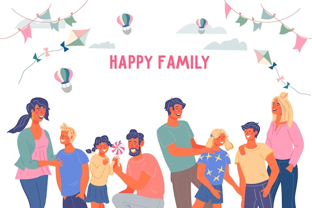 Modello di banner web per la famiglia felice con un gruppo di genitori e figli giornata in famiglia e intrattenimento