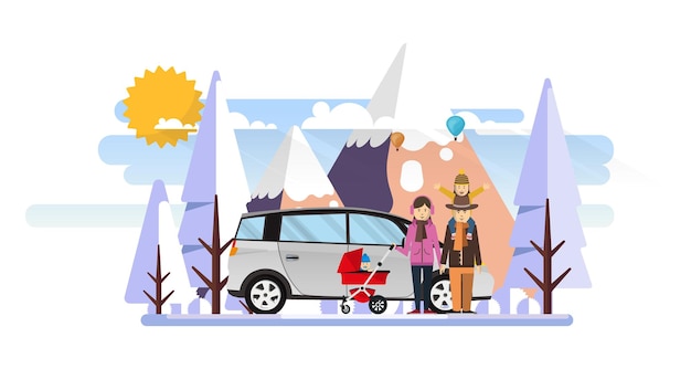 Happy family in winter landscape flat vector illustration