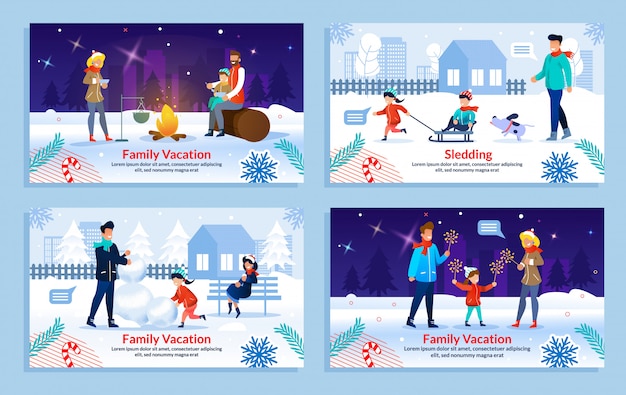 Happy family winter rest on vacation template set