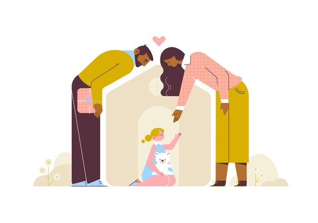 벡터 집에서 아기와 개를 데리고 행복한 가족 아버지 어머니와 아이 플랫 벡터 그림