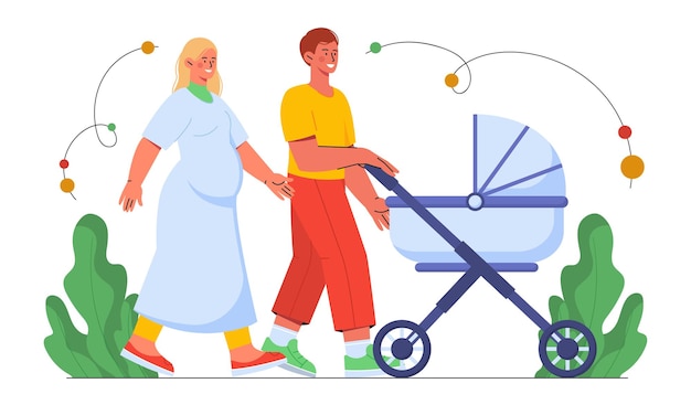Happy family with baby stroller concept Man and pregnant woman walking in park Husband and wife expecting baby future parents Parenthood and childhood Cartoon flat vector illustration