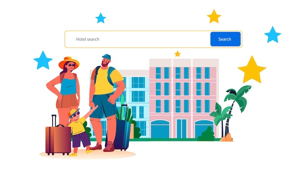 Vector happy family with baggage booking hotels online summer vacation holiday time to travel concept