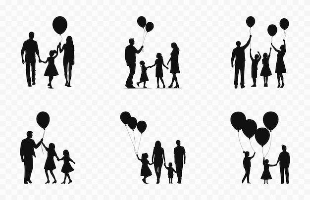 Vector happy family with balloons silhouette set children with parents silhouettes