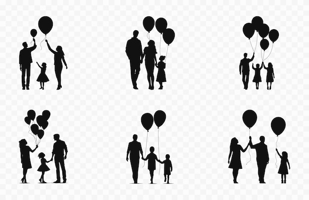 Vector happy family with balloons silhouette set children with parents silhouettes