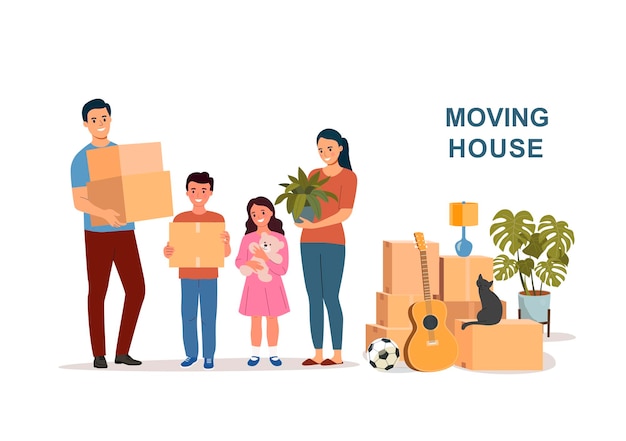 Vector happy  family with boxes isolated.  moving house. vector flat style illustration