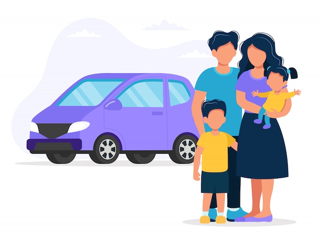 Vector happy family with car. concept illustration for buying car or travelling.