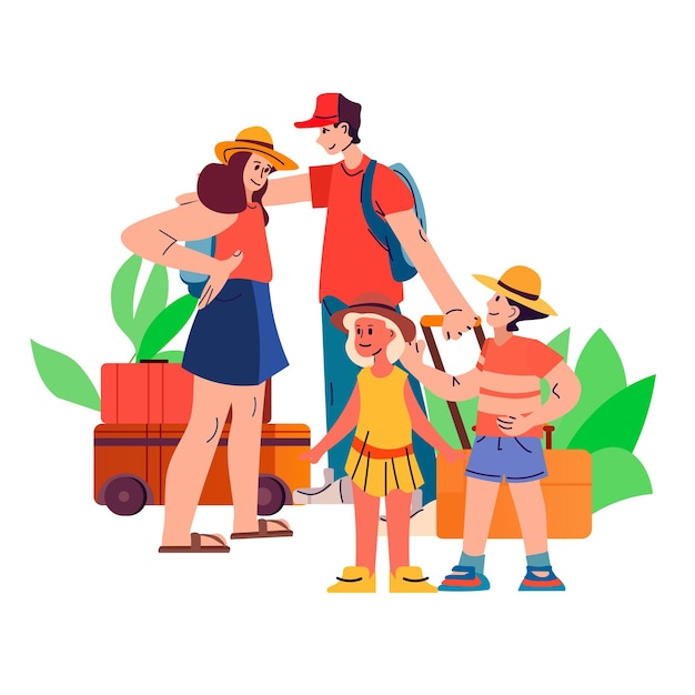 Vector happy family with children and baggage standing together summer vacation holiday time to travel concept