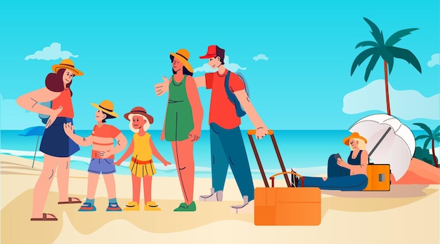 Vettore famiglia felice con bambini e bagagli che stanno insieme sulla spiaggia tropicale vacanze estive tempo di vacanza per viaggiare concetto