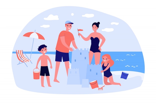 Vector happy family with children enjoying vacation