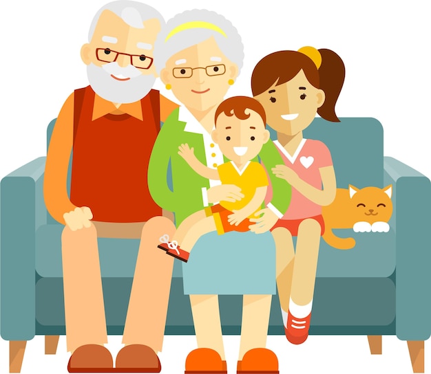 소파 소파에 앉아 손자와 조부모와 함께 행복 한 가족