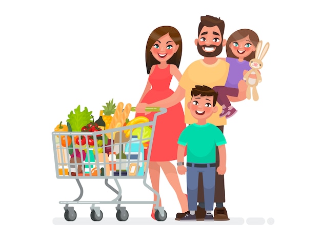 Happy family with a grocery cart full of products is shopping at the supermarket.