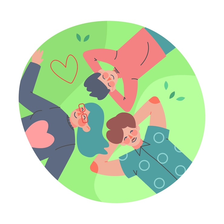 Vector happy family with mother father and little son lying on green lawn in circle frame above view vector illustration