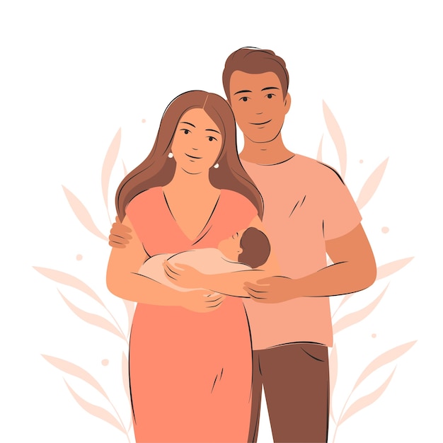 Vector happy family with newborn. parents with child. pregnancy and breastfeeding concept.