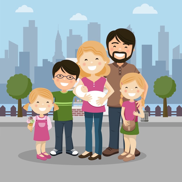 Vector happy family with parents, three children and babyborn in a city