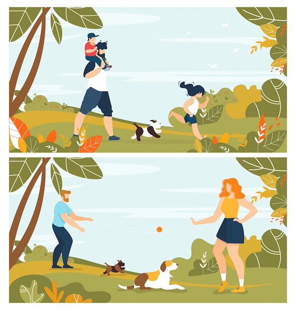 Happy Family with Pets and Active Rest in Park illustration