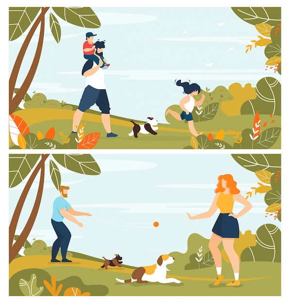 Вектор Счастливая семья с домашними животными и активный отдых в парке иллюстрации