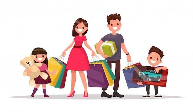 Famiglia felice con lo shopping. padre, madre, figlio e figlia tengono borse e regali. grande vendita. illustrazione