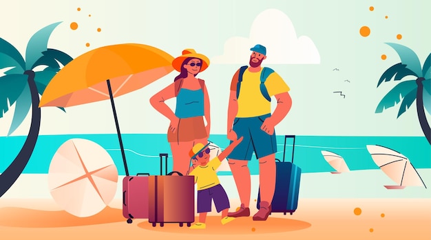 Happy family with son and baggage standing together on tropical beach summer vacation holiday time to travel concept vector illustration