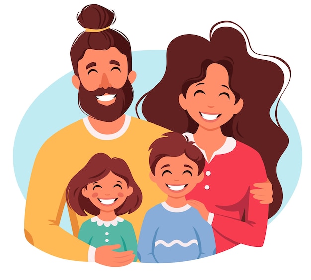 Счастливая семья с сыном и дочерью Родители обнимают детей