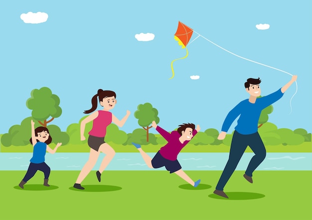 a happy family with two children having fun while flying kites on a family holiday young family flying a kite vector cartoon illustration