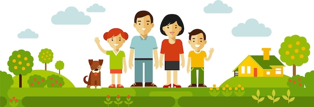 Famiglia felice con due bambini in piedi sulla natura e sullo sfondo della casa familiare