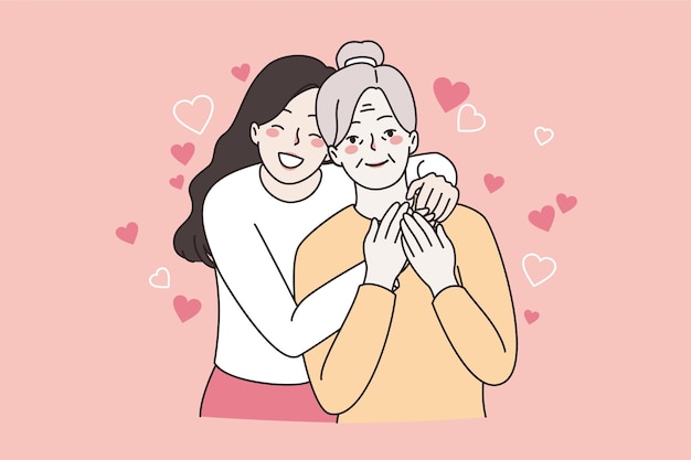 Concetto felice delle generazioni delle donne della famiglia. la ragazza e sua nonna in piedi abbracciano sorridenti sentendosi benissimo insieme illustrazione vettoriale