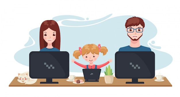 Vettore famiglia felice che lavora e studia a casa con il computer nello stile del fumetto.