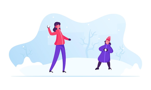 Happy Family Young Mother and Little Daughter Playing Snowballs on Street. Cartoon Flat  Illustration