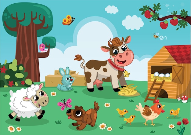 Happy farm animals enjoying Springtime Vector illustration for children