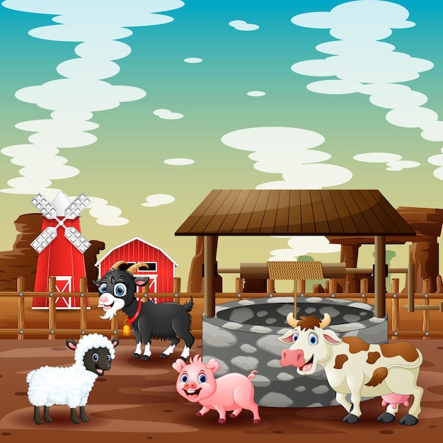 Happy farm animals in the farmland illustration