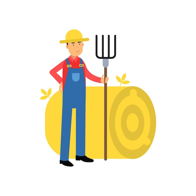 Happy farmer cartoon character in overalls standing next to haystack with pitchfork in his hands. Man at work. Fresh farm products. Agriculture concept. Flat vector illustration isolated on white.