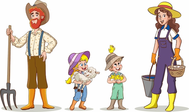 счастливая семья фермеров мультипликационный персонаж векторная иллюстрация