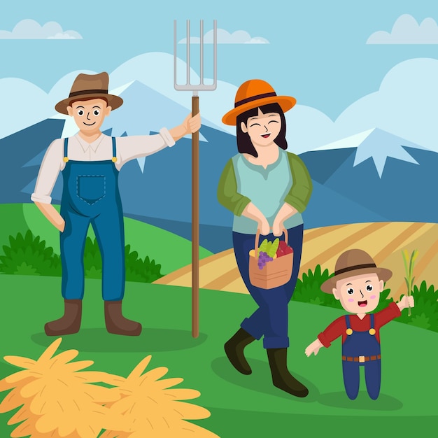 happy farmer family cute character illustration