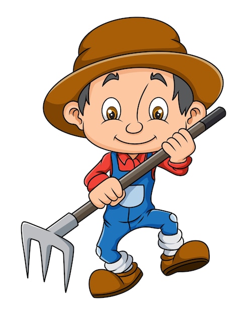 The happy farmer is holding the rake and wearing the hat of illustration