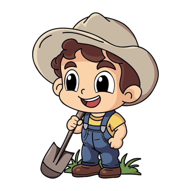 Happy farmer man working hard character illustration in doodle style