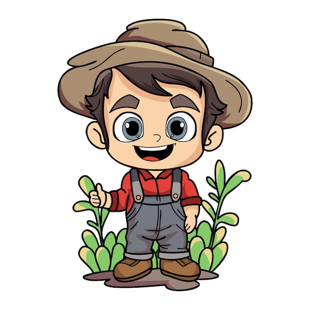Happy farmer man working hard character illustration in doodle style
