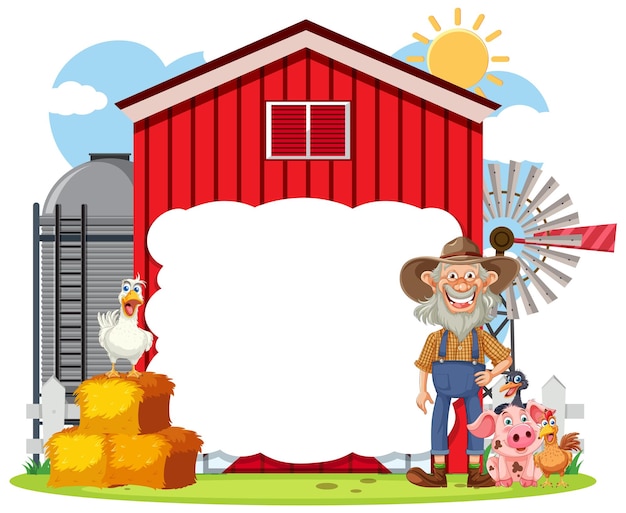 Vector happy farmer with barnyard animals