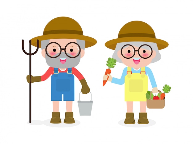 Happy farmers senior couple cute cartoon characters of old man and old woman farming, elderly countryside concept  flat design isolated on white background illustration.